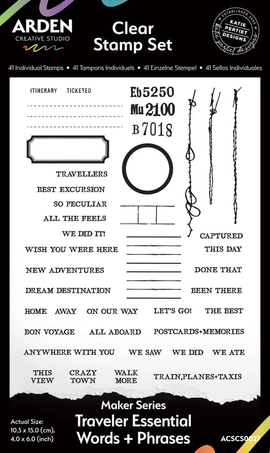 Maker Series Traveler Essential Words + Phrases 4in x 6in Clear Stamp